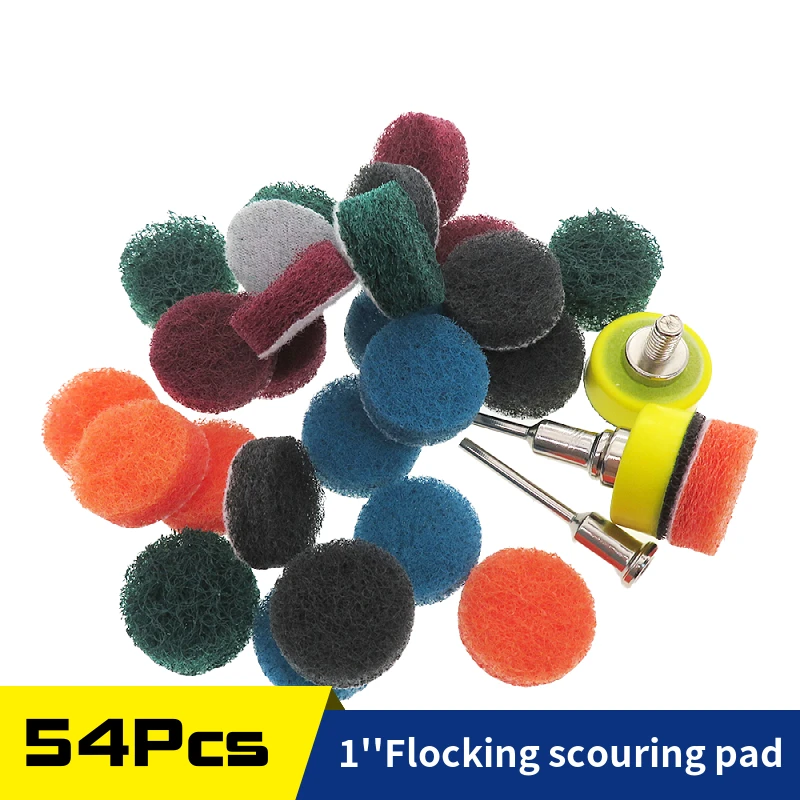 

54 Pcs Scouring Pad 1 Inch Backing Pad 1/8" Shank Scrub Sponge for Dremel Sander Wood Glass Cars Polishing Grinding Deburring