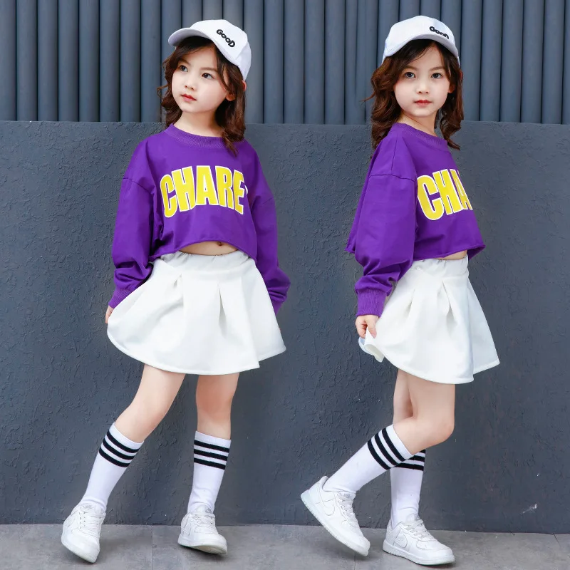 

Girl Hip-Hop Dance Dress Casual Street Dance Costume Long Sleeve Modern Jazz Dance Costumes Children's Dancwwear Top+Skirt