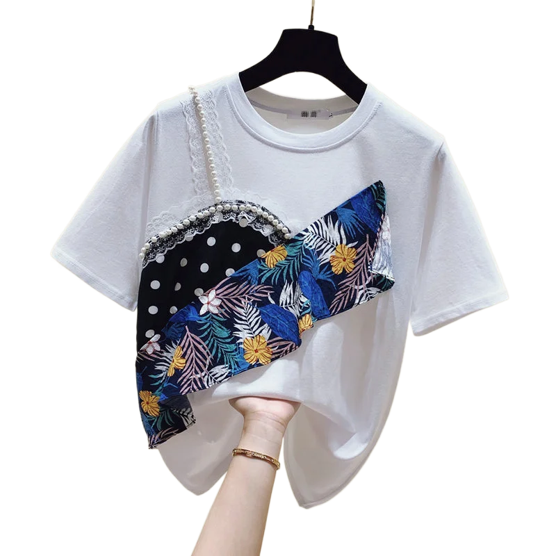 

Summer Short Sleeve T shirt Women Clothes Korean Tops Female T-shirt White Fashion Patchwork Lace Tee Shirt Black Fashion 202