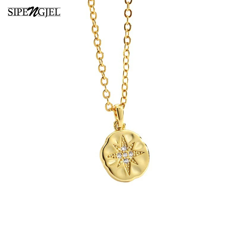 

Fashion Cubic Zirconia Round Pendant Necklace Gold Color Chain Geometric Vintage Star Choker Necklace for Women Ins Jewelry