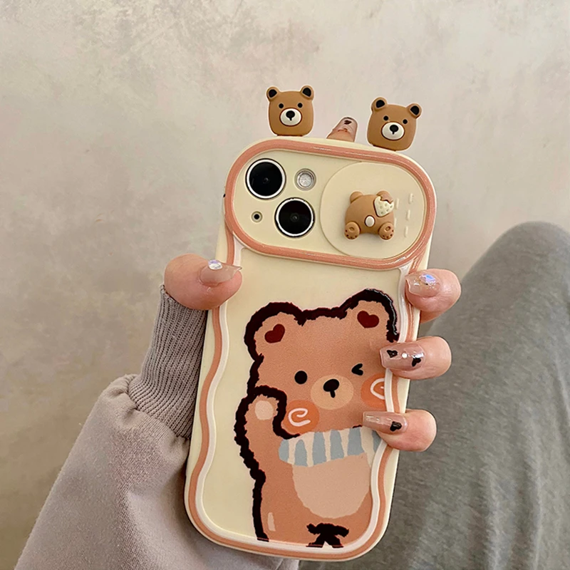 

Lovely 3D Bear Push Pull Camera Protective Case For iPhone 14 13 12 11 Pro Max 14 Plus Soft Silicone Phone Cover Capa