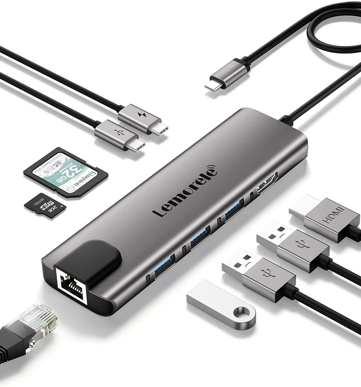 

USB C концентратор, Lemorele 9 в 1 USB C концентратор многопортовый адаптер w/Gigabit Ethernet, 100 Вт PD, HDMI 4K, 3 USB 2,0, USB C порт данных, SD/TF