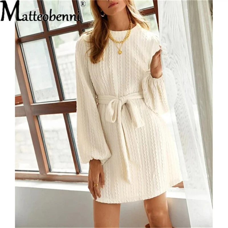 Купи 2022 Elegant Women Solid Color Knitted Mini Dress O-Neck Long Sleeve High Waist Casual Spring Autumn Lace-Up Pullovers Dress за 1,009 рублей в магазине AliExpress