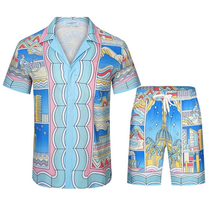 Seaside Castle Night Print Thin Silk Casablanca Short Set Men Women Hawaiian Beach Mesh Shortpant Shirts Suit