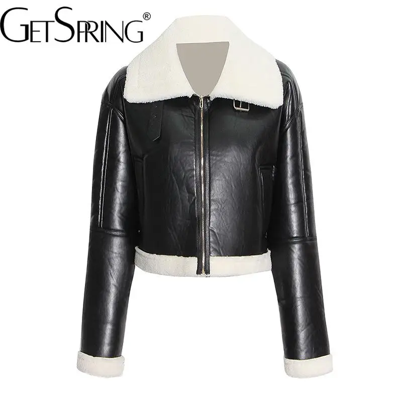 

GetSpring Women Coat 2022 Autumn Winter Color Matching Zipper Long Sleeve Lamb Hair Jacket Fashion All Match Warm Female Tops