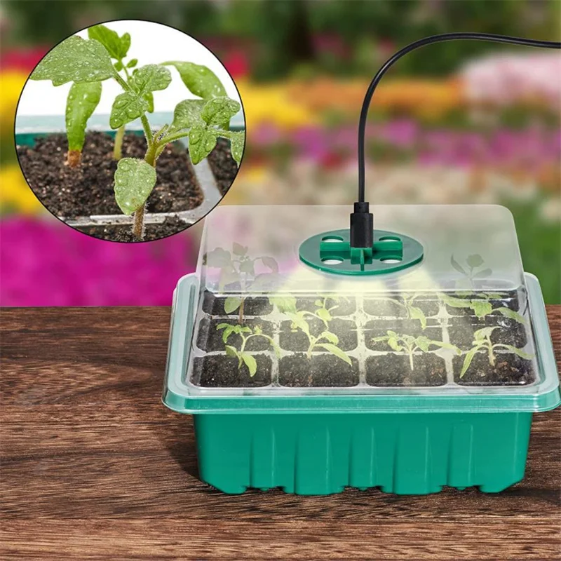 12Grid Reusable Seed Starter Trays with Grow LED Light Plants Flowers Vegetables USB Seedling Breeding Box Adjustable Greenhouse