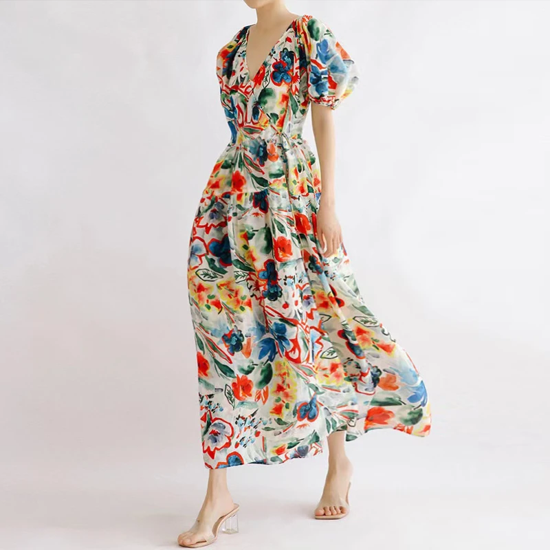 

Johnature Summer New Hand Painted Watercolor Print V-neck Long Tie Waist Women Dress 2022 Simple French Puff Sleeve Loose Dress