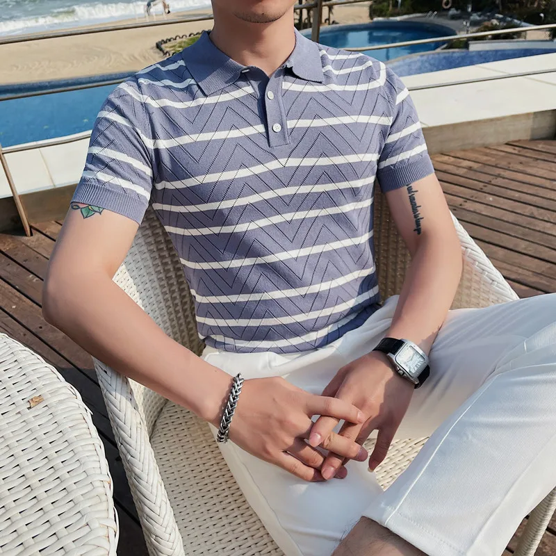 

Brand Clothing Knit Polo Shirt Men's Short Sleeve Stripe Lapel Business Formal Polo Shirts Casual Comfortable Polos Shirts S-4XL