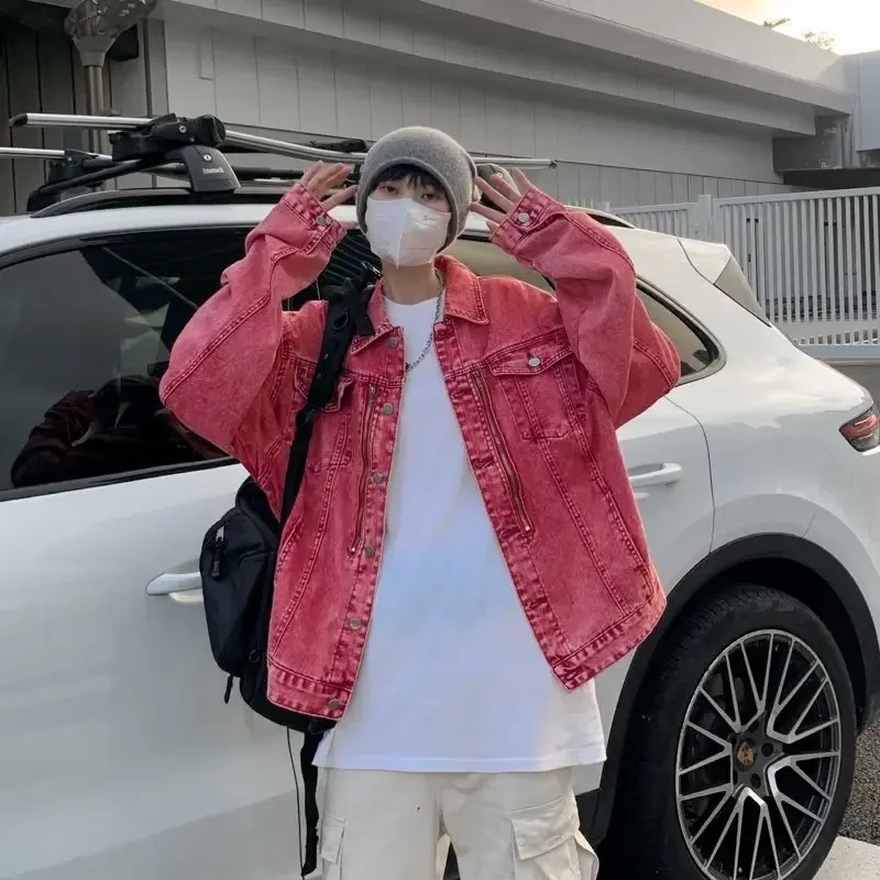 Мужская джинсовая куртка розовая укороченная в винтажном американском стиле с