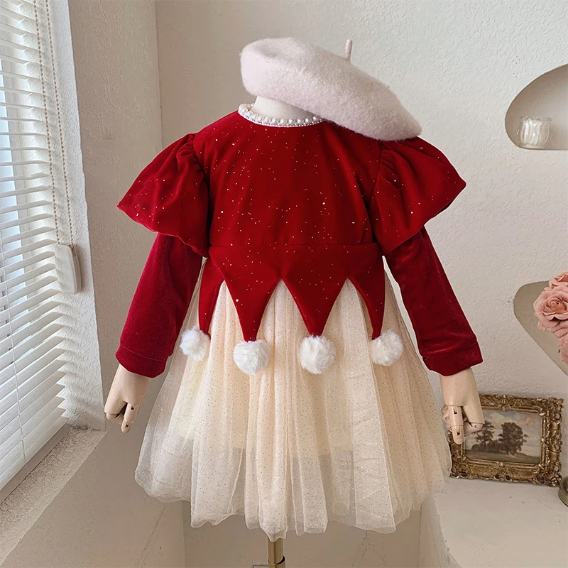 

Зимнее платье с бантом и блестками для девочек, новинка 2023, модные детские красные рождественские платья, бархатное лоскутное Сетчатое ТРАПЕЦИЕВИДНОЕ ПЛАТЬЕ ПРИНЦЕССЫ
