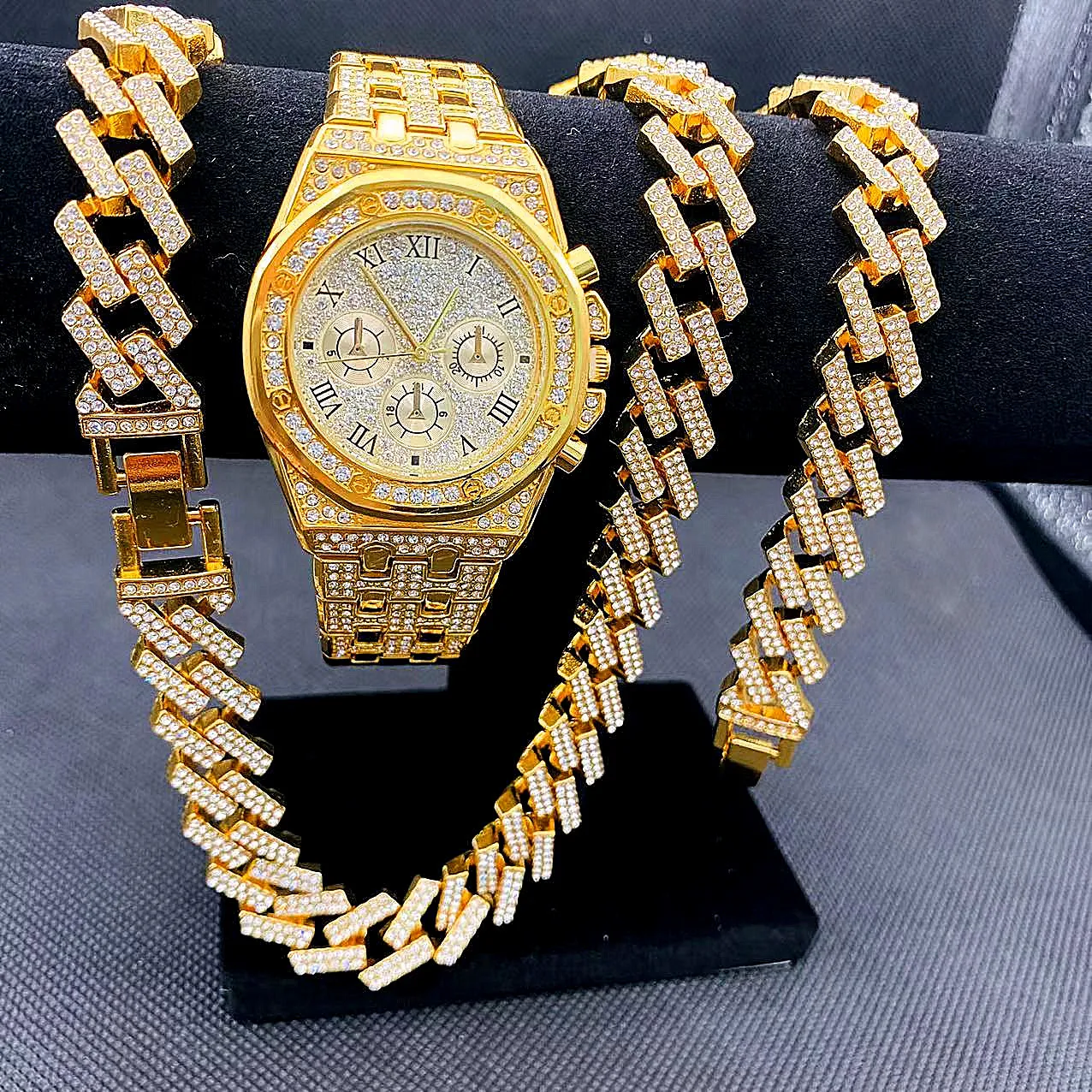 

3PCS Hip Hop Mens Jewelry Set Gold Iced Out Watch Necklaces Bracelets Miama Cuban Chains Choker African Jewelry for Men Watches