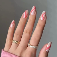 24pcsbox almond false nails pink ripple design artificial ballerina fake nails with glue full cover nail tips press on nails