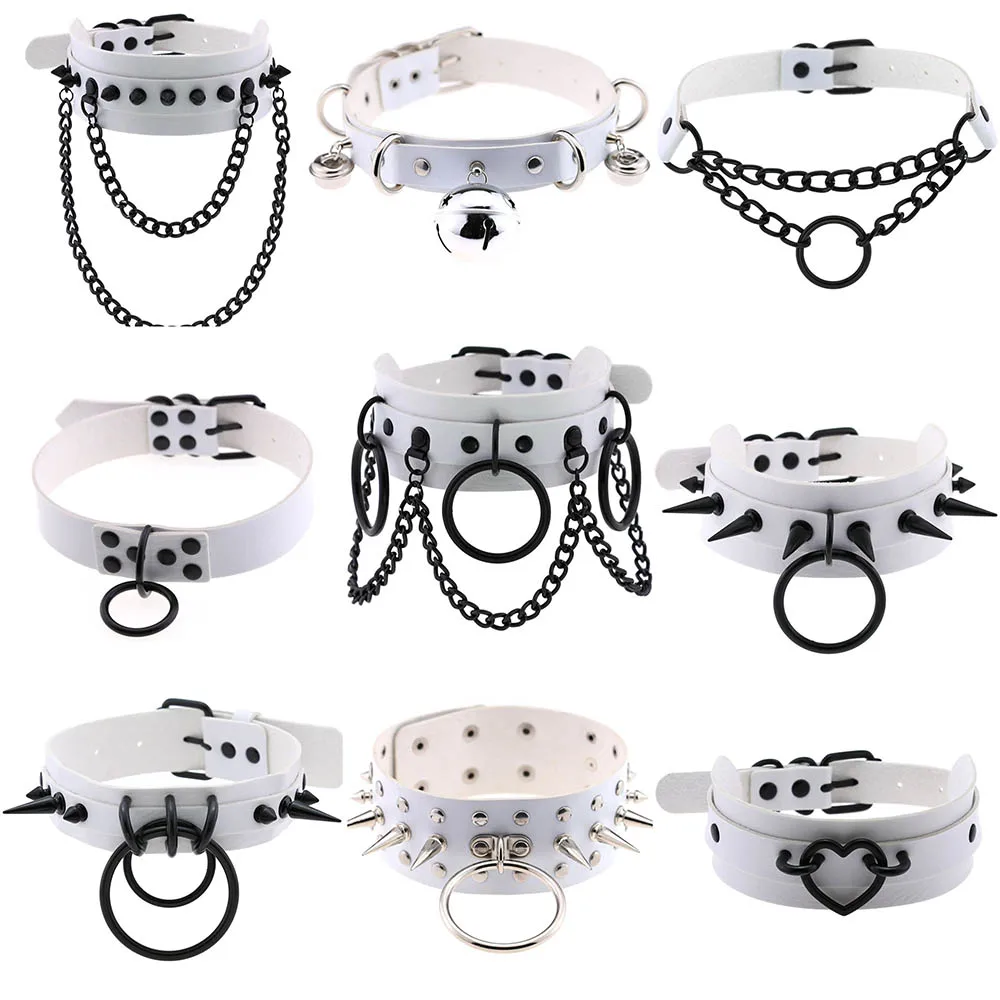 

Sexy Collar White Leather Choker Black Alloy Necklaces for Women Punk Gothic Belt Collar Rivet Pu Goth Slavery Egirl Accessories