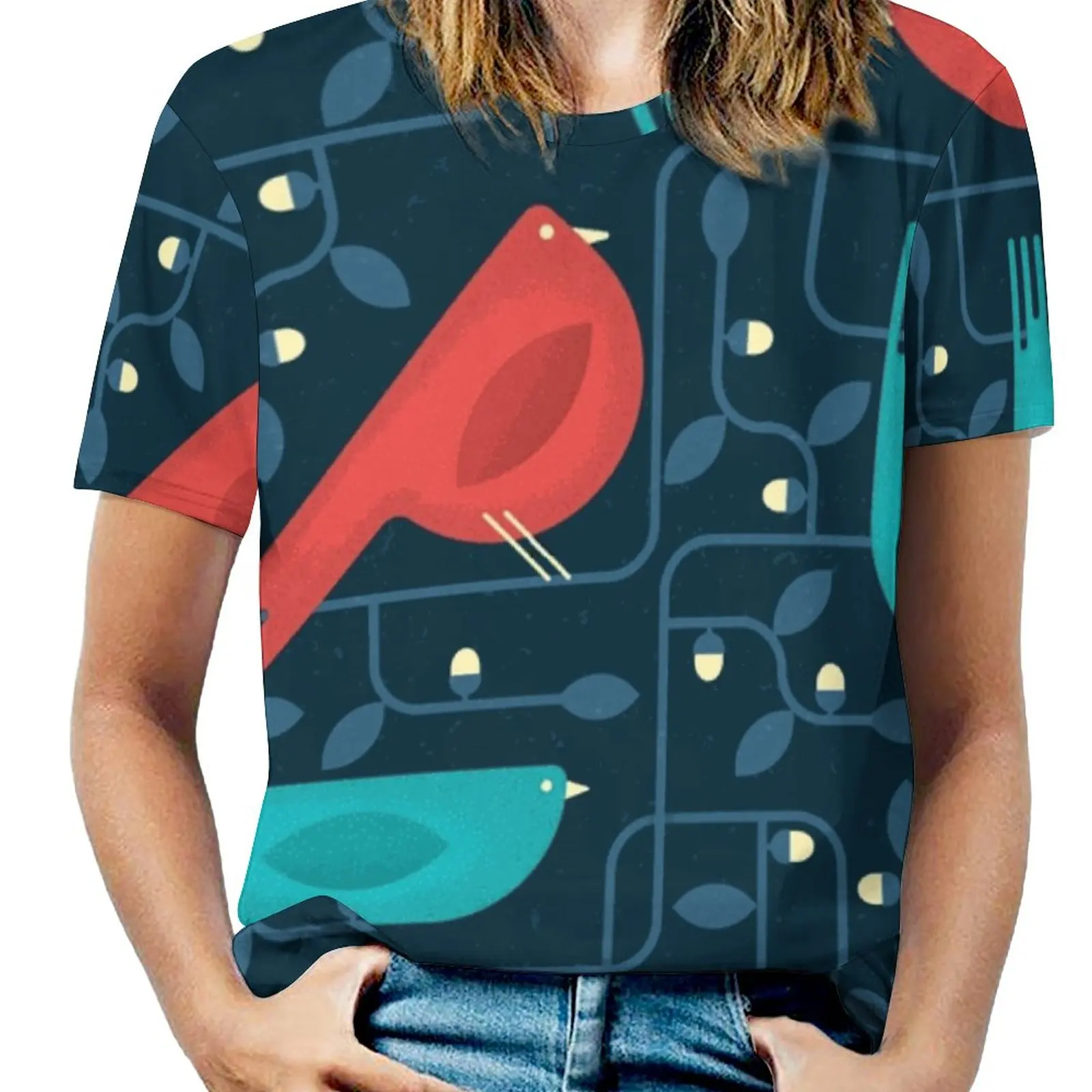 

Женская футболка из флока, футболки с принтом на весну и лето, пуловер с круглым вырезом, топ с абстрактным рисунком векторной птицы