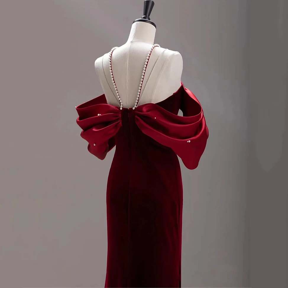 2023 New High End Luxury Wine Red Sexy Backless Evening Long Dress Off The Shoulder Mermaid Bowknot Party Prom Dresses