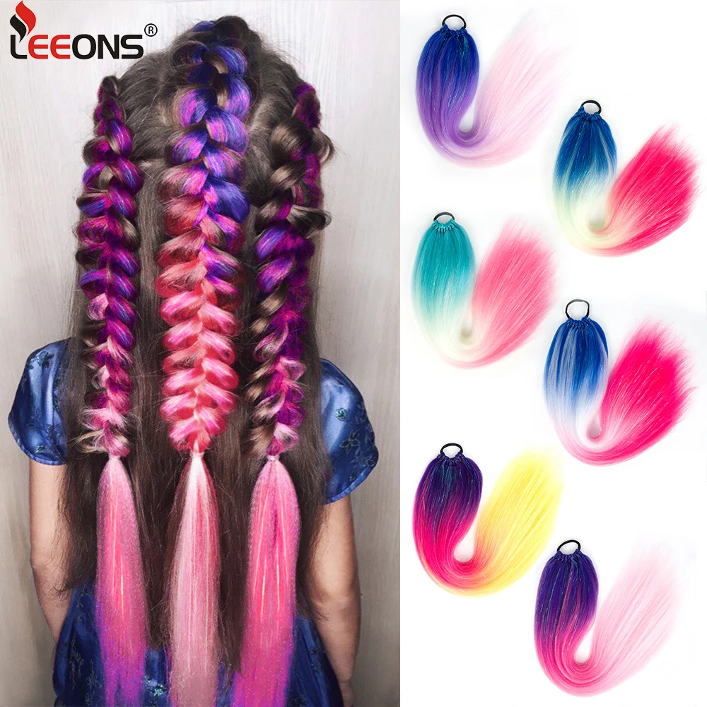 

Ombre 24" Long Jumbo Ponytail Synthetic Hair Glitter Braided Ponytail With Elastic Tie Straight Ponytail Tinsel Hair Extensions