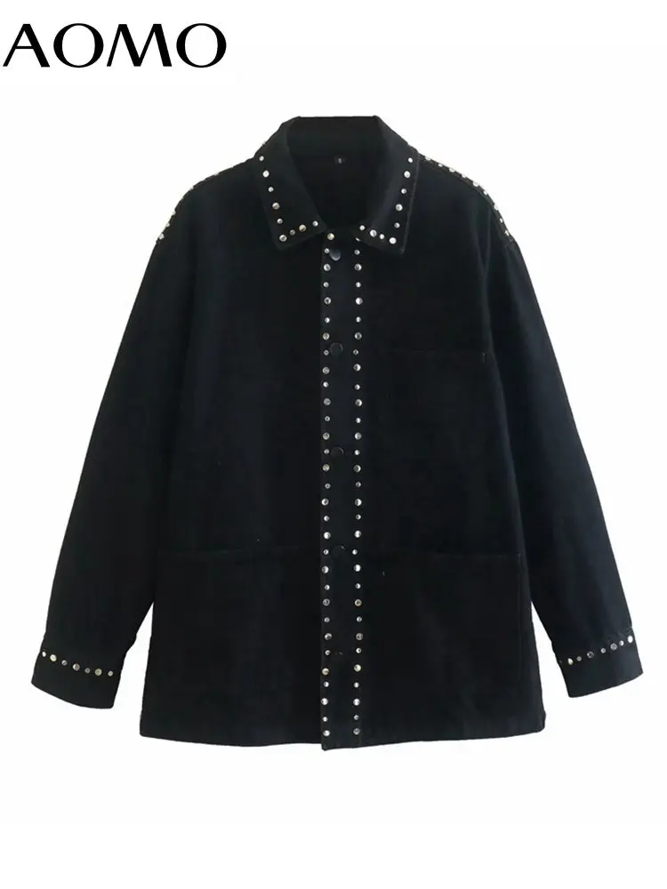 

AOMO Women 2022 Fashion Black Rivet Oversized Denim Coat Vintage Long Sleeve Female Outerwear QD149A