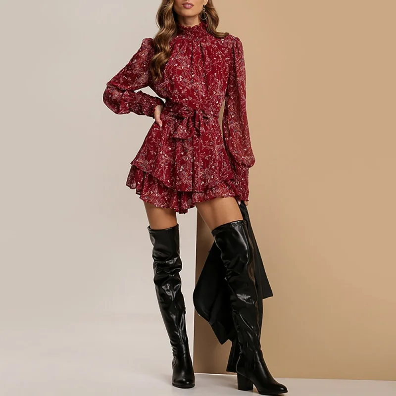 

2022FashionableVCollar Print High Waist Temperament Commuter Long Sleeve Dress