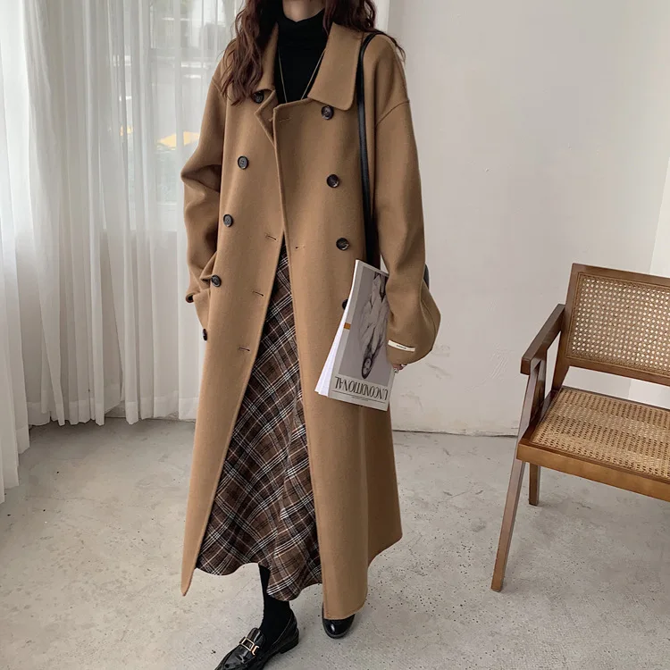 

Women Autumn Wool Coats Turn Down Collar Long Coats Drouble Breasted Women Woolen Coat Veste Femme Tops Abrigo Mujer