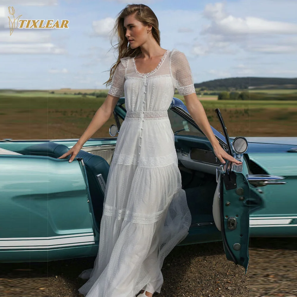 

TIXLEAR Boho O-Neck Illusion Wedding Dresses Elegant Tulle Lace Appliques Bridal Gowns A-Line Sweep Train Vestido De Novian