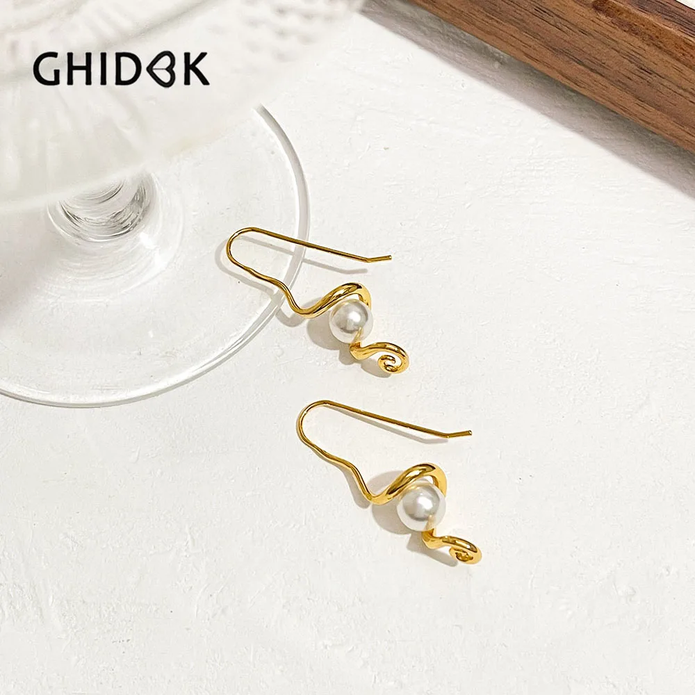 

GHIDBK Gold Plated Simulated Pearl Swirl Drop Earrings for Women Female Fashion Designer Dangle Earring Bijoux Christmas Gift