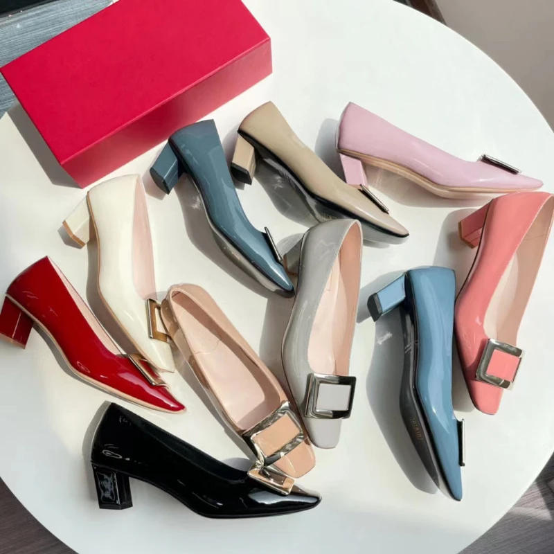 European and American Square Buckle French High Heels Women's 2023 Autumn Square Toe Mid-heel Pumps Women's Shoes