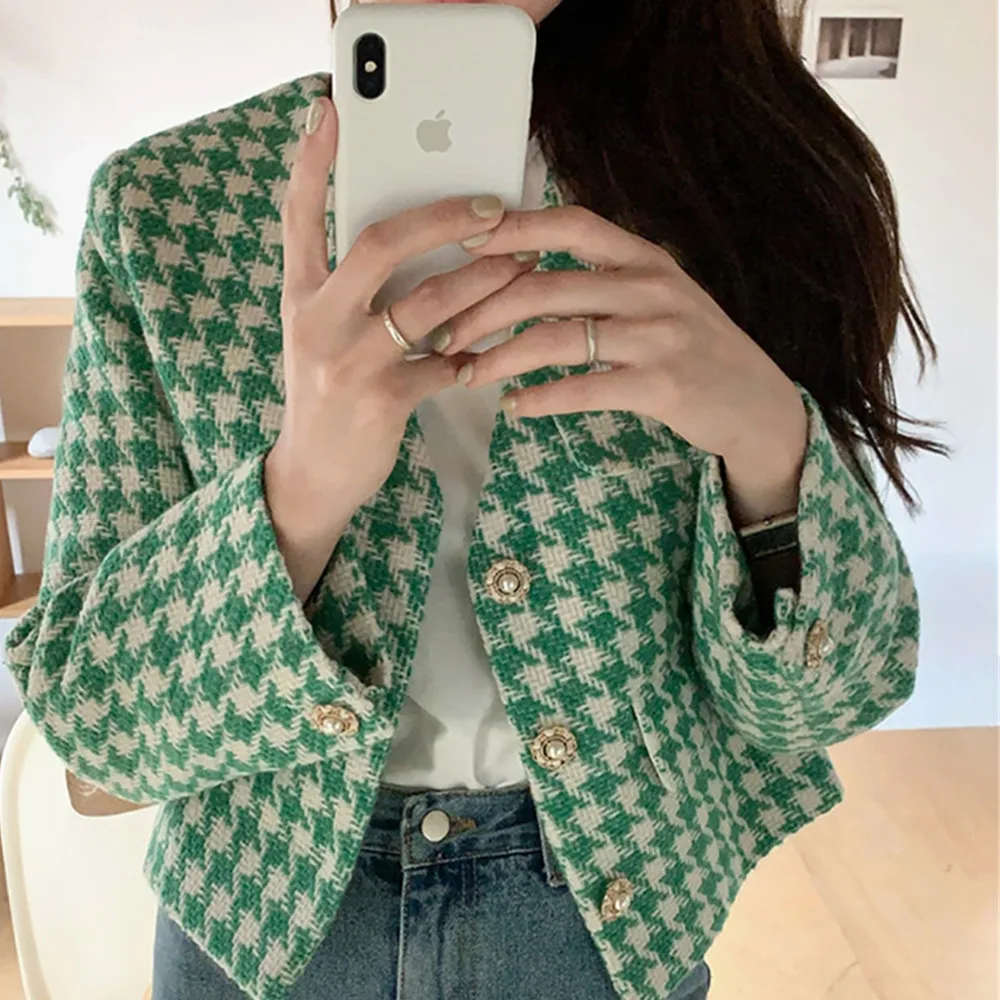 

New Korean Casual Plaid Women Jackets Loose V-neck Single Breasted Fashion Houndstooth Fall Jackets Fashion Ladies Coats