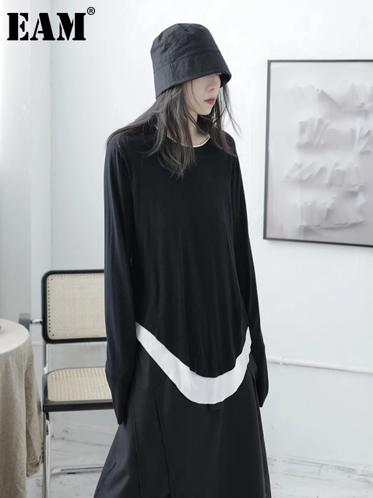 

[EAM] Women Black Conrtast Color Big Size Long T-shirt New Round Neck Long Sleeve Fashion Tide Spring Autumn 2022 1DB359