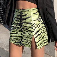 women summer green tiger printed package hip skirt slim 2021 sexy open fork split mini short skirt streetwear female clothing