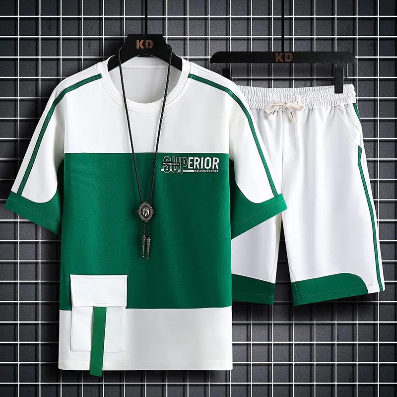 2023 New Summer Short-Sleeved T-shirt Men's Loose Stitching T-shirt Youth Thin Student Sports Shorts Suit Fashion