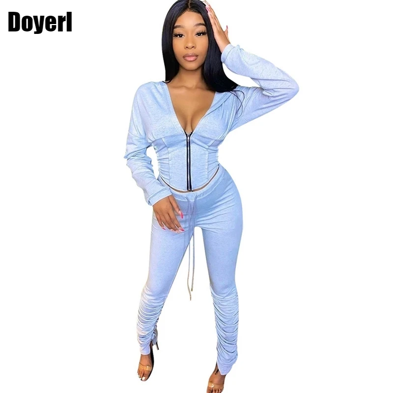 

Autumn Women Tracksuit 2 Piece Set Sportwear Fitness Zipper Hoodie Cropped Top Set Stacked Pants Sweatsuit Joggers Women Set