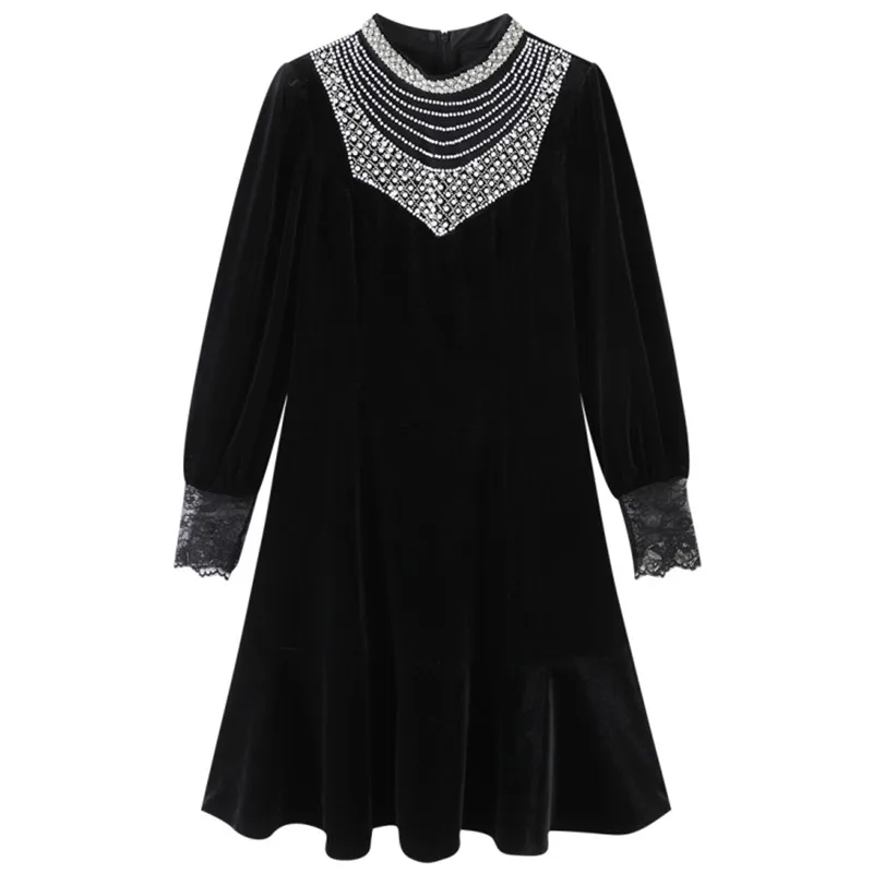 

Женское короткое бархатное платье-мини, Дизайнерское черное платье с воротником-стойкой, кружевным рукавом-фонариком и бусинами, осень 2022