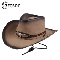 western cowboy hats women men with rope wide brim fedora hat metal bull head decoration genuine leather jazz riding hats for men