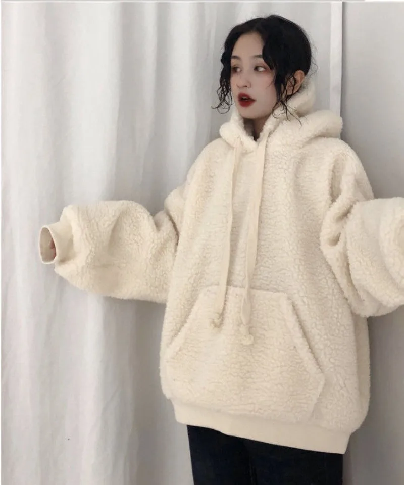 Harajuku флисовые Sudaderas Mujer однотонные женские толстовки из овечьей шерсти большого