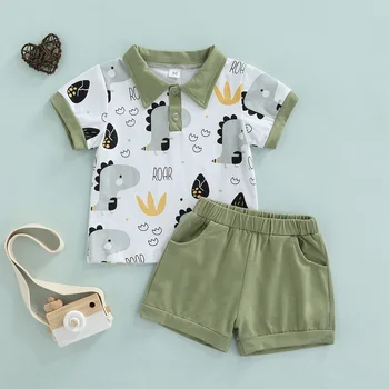 Citgeett Summer Toddler Kids Boys Casual Suit Cartoon Printed Short Sleeve Tops+Solid Color Short Pants Clothes Set 1
