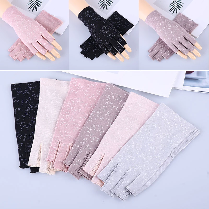 

Women's Cotton Summer Half Finger Gloves Anti-Skid Sun Protection Printing Dot Thin Short Touch Screen Driving Fishing Gloves