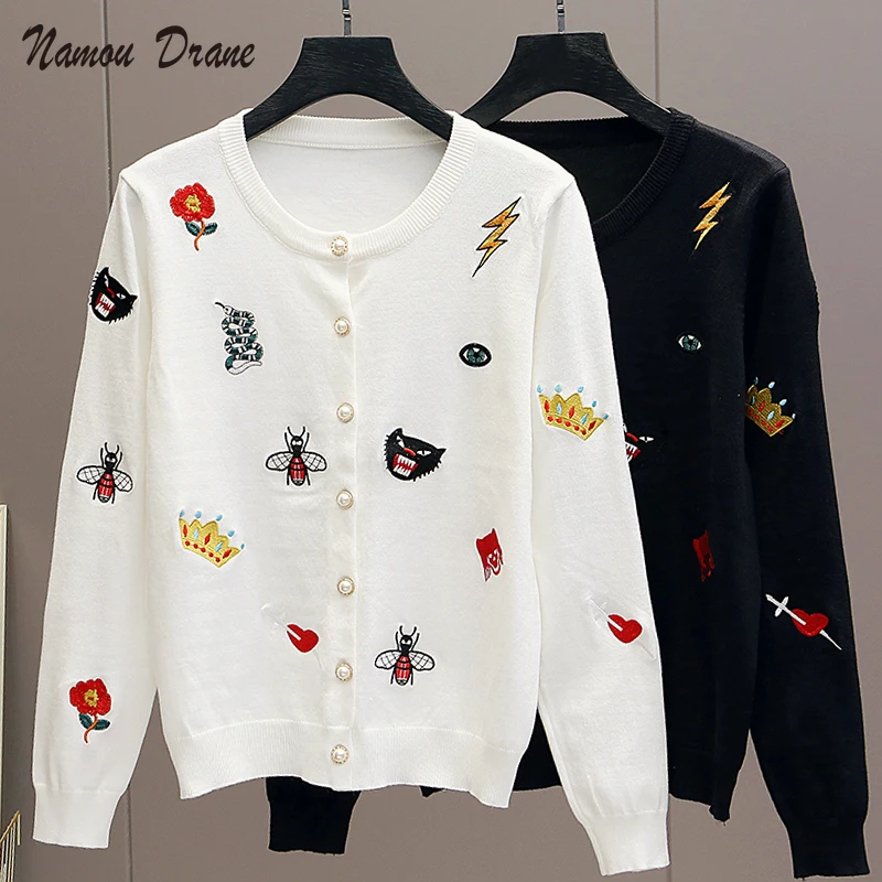 

Namou Drane Embroidered Cardigan Animal Pattern 2022 Spring and Autumn Coat Women's Round Collar College Fashionable Knitted Top