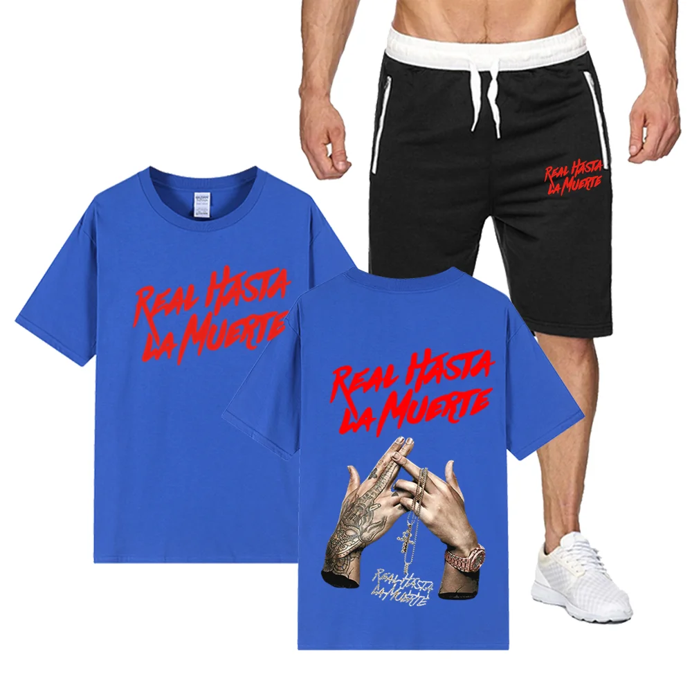 

Anuel AA Men's sets Men Tracksuit Real Hasta La Muerte Suit 2 Pieces Fitness Sportswears+Beach shorts Mens Casual T-Shirts Male