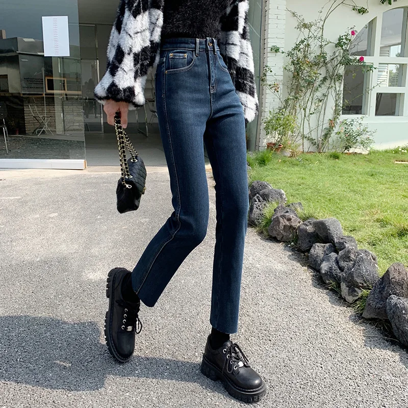 

Винтажные узкие джинсы-карандаш с высокой талией на одной пуговице H.sa, корейские универсальные узкие джинсовые брюки, классические женские брюки до щиколотки