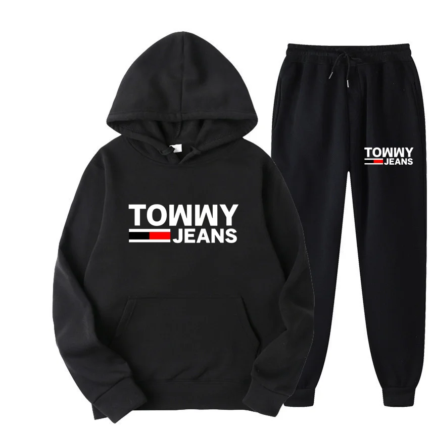 

Autumn and winter leisure jogging warm brand printed sportswear Men's 16 color warm two-piece loose hoodie sweatshirt+plush pant
