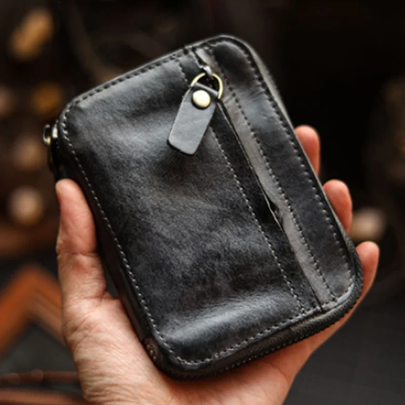 

AETOO Original retro old first layer cowhide wipe color zipper handmade cowhide key bag small card bag genuine leather women's