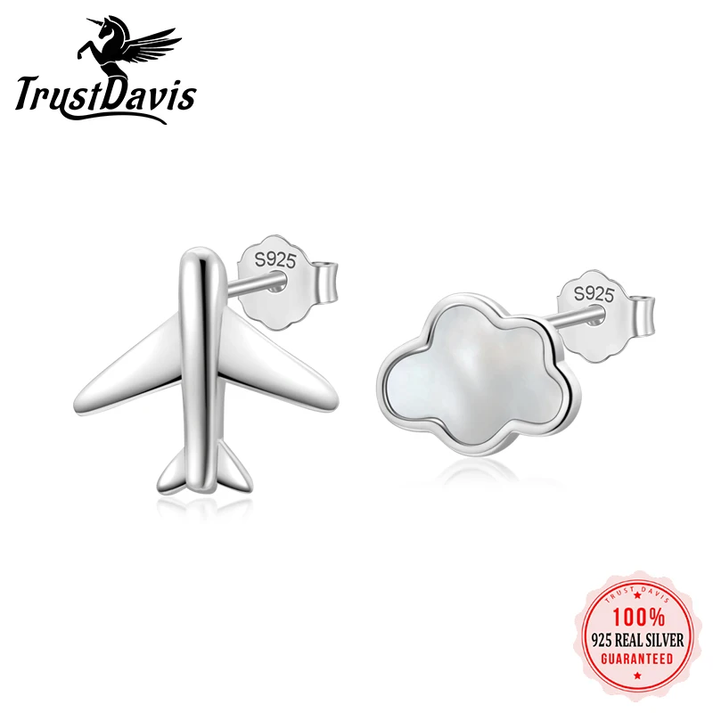 

TrustDavis Real 925 Sterling Silver Sweet Asymmetric Clouds Plane Stud Earrings For Women Wedding Party Fine 925 Jewelry DA2921