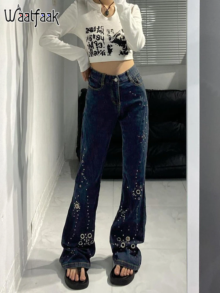 

Waatfaak Hole Grunge Flare Y2K Jeans Blue Denim Vintage Mom Low Waist Jeans Skinny Graphic Cargo Pants Treetwear Aesthetic 2022