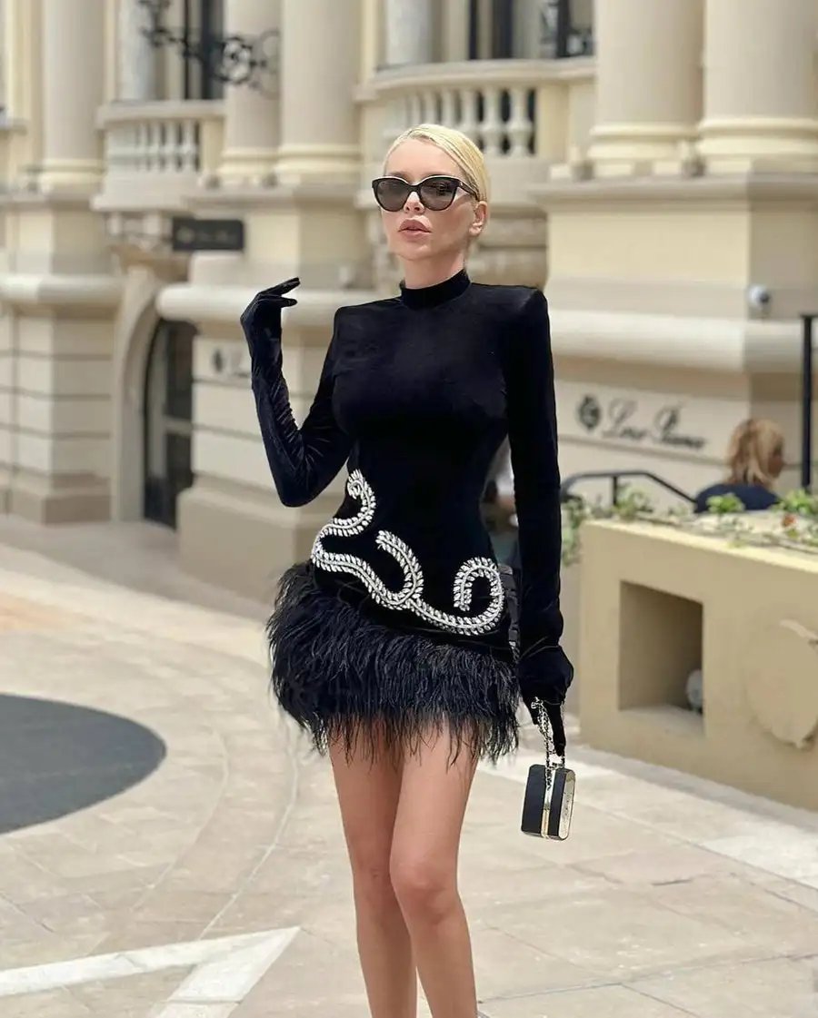 

Winter Fashion Women Sexy Crew Neck Long Sleeve Feather Black Sequin Fringe Mini Dress 2023 Elegant Nightclub Party Dress