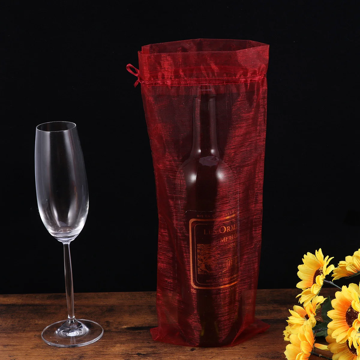 

Bags Bottle Cover Organza Gift Bottles Mesh Christmas Baggifts Cellophane Wrap Gold Pouches Drawstring Display Reusable Simple