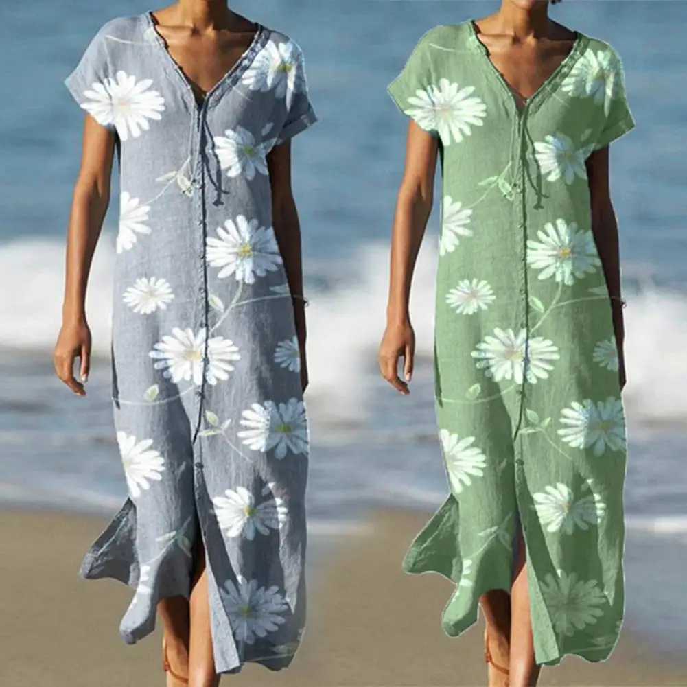 

V-Neck Long Shirt Dress Lace-up Side Split Hem Short Sleeve Single-breasted Flower Print Thin Beach Maxi Dress Female Clothing