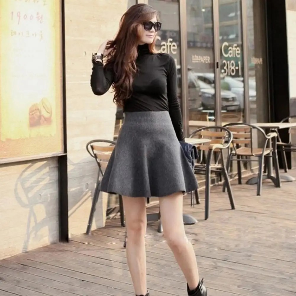 

Sweet Women Skirt Anti-pilling Solid Color Women Mini Skater Skirt High-Waist Loose Hem A-line Skirt Daily Clothing