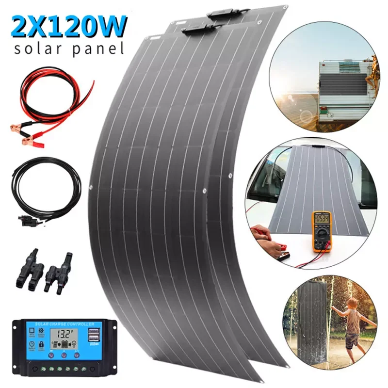 

NEW2023 2x120W Solar Panel Kit 12V 24V Battery Charge Monocrystalline Cells Flexible PV Panels Solar Energy System For Car RV Bo