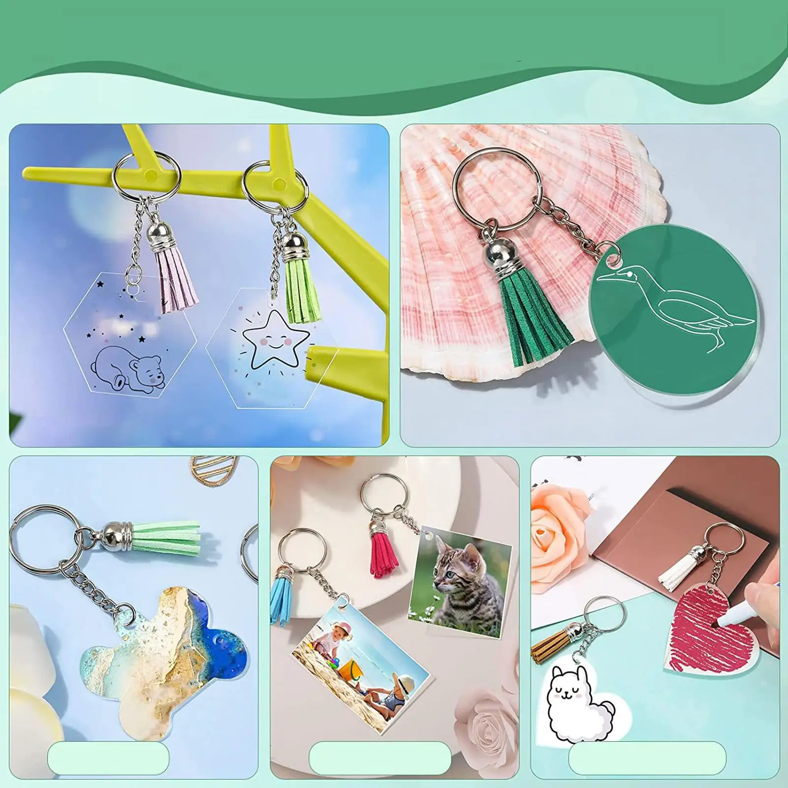 

300Pcs Acrylic Keychain Blank, Leather Tassel Charms Key Chain Rings Set