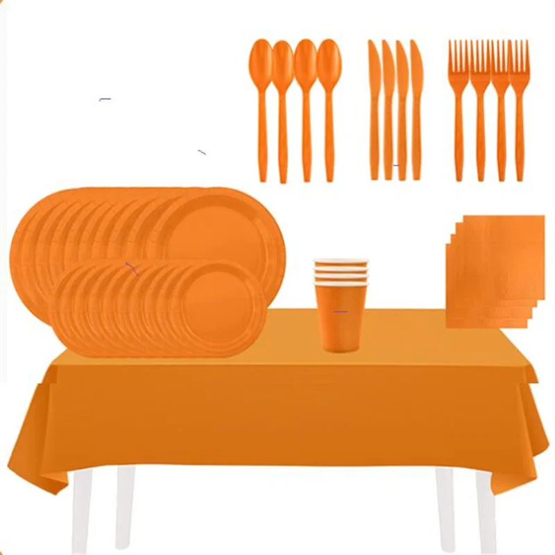 Однотонные оранжевые тематические одноразовые бумажные салфетки чашки тарелки